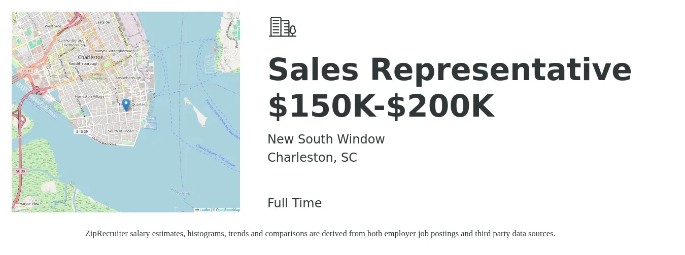 New South Window job posting for a Sales Representative $150K-$200K in Charleston, SC with a salary of $50,100 to $87,000 Yearly with a map of Charleston location.