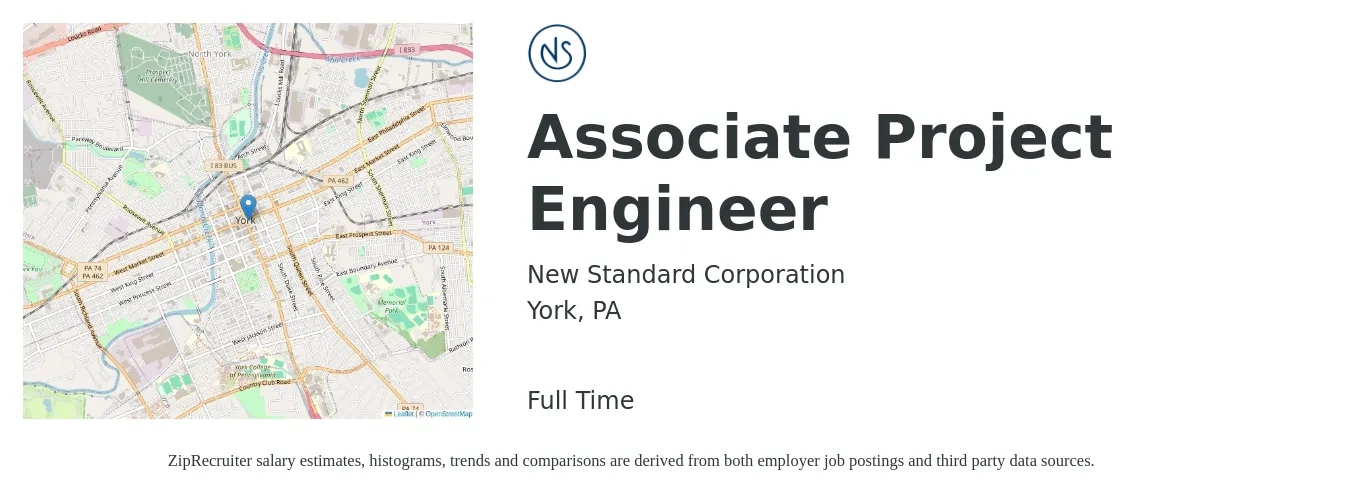New Standard Corporation job posting for a Associate Project Engineer in York, PA with a salary of $64,500 to $93,500 Yearly with a map of York location.