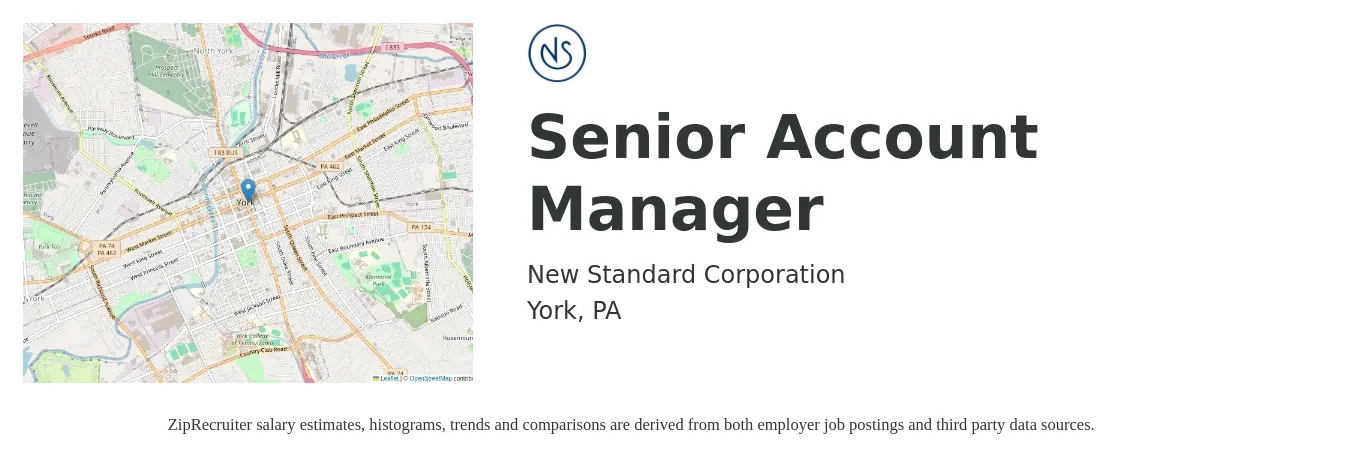 New Standard job posting for a Senior Account Manager in York, PA with a salary of $76,300 to $120,100 Yearly with a map of York location.