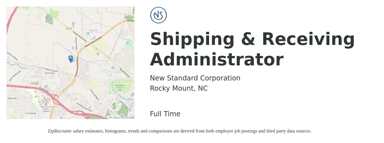 New Standard Corporation job posting for a Shipping & Receiving Administrator in Rocky Mount, NC with a salary of $16 to $19 Hourly with a map of Rocky Mount location.