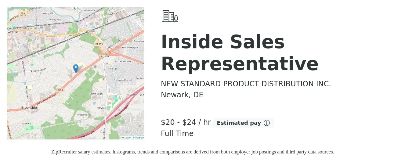 NEW STANDARD PRODUCT DISTRIBUTION INC. job posting for a Inside Sales Representative in Newark, DE with a salary of $21 to $25 Hourly with a map of Newark location.