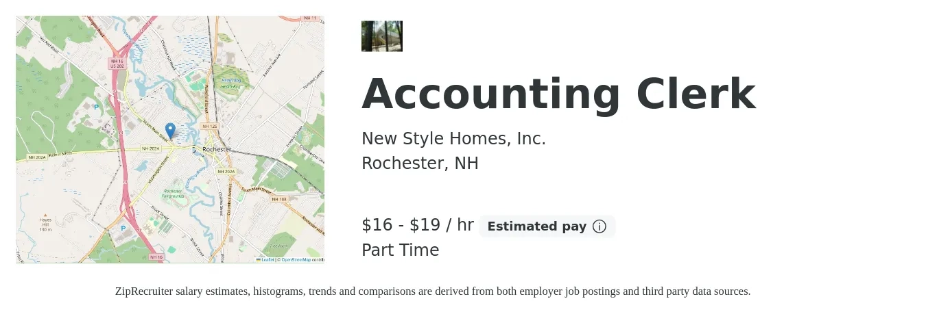 New Style Homes, Inc. job posting for a Accounting Clerk in Rochester, NH with a salary of $17 to $20 Hourly and benefits including pto with a map of Rochester location.
