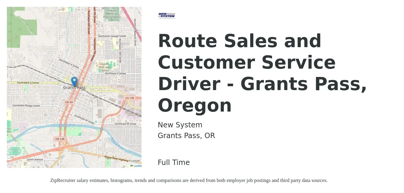 New System job posting for a Route Sales and Customer Service Driver - Grants Pass, Oregon in Grants Pass, OR with a salary of $57,300 Yearly with a map of Grants Pass location.