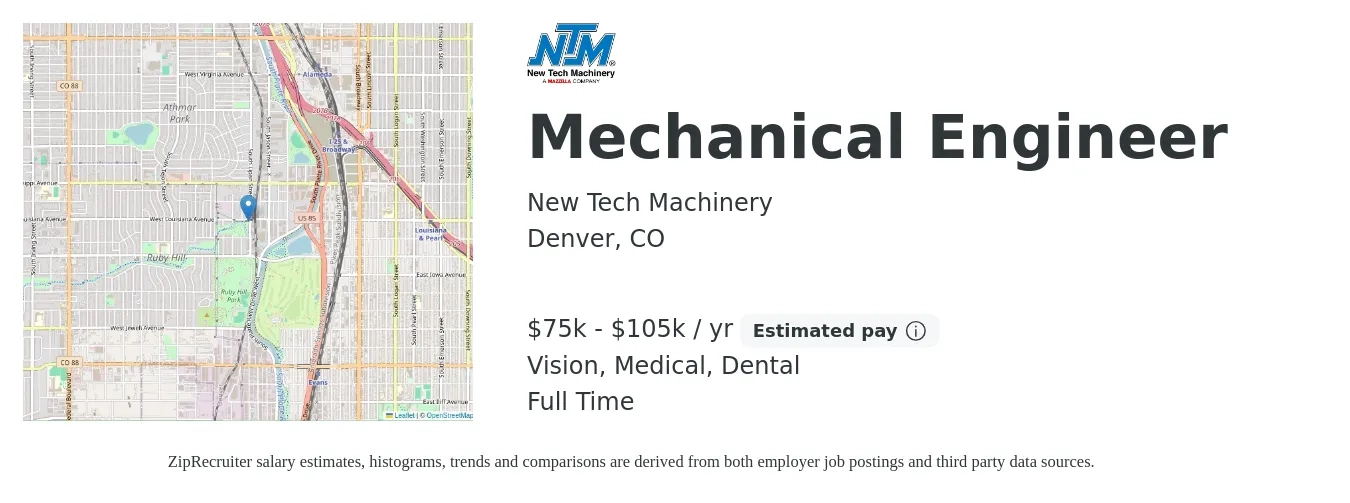 New Tech Machinery job posting for a Mechanical Engineer in Denver, CO with a salary of $75,000 to $105,000 Yearly and benefits including medical, retirement, vision, dental, and life_insurance with a map of Denver location.