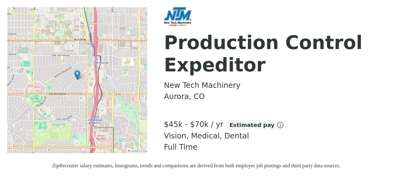 New Tech Machinery job posting for a Production Control Expeditor in Aurora, CO with a salary of $45,000 to $70,000 Yearly and benefits including life_insurance, medical, retirement, vision, and dental with a map of Aurora location.