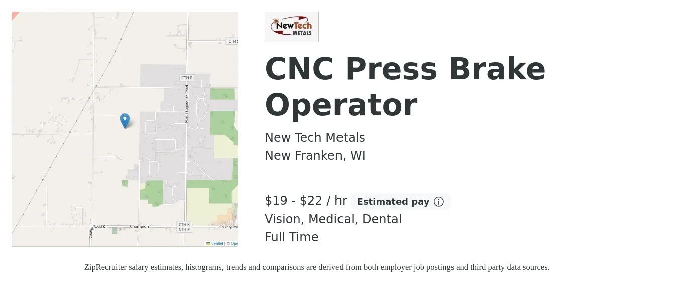 New Tech Metals job posting for a CNC Press Brake Operator in New Franken, WI with a salary of $20 to $23 Hourly and benefits including dental, life_insurance, medical, retirement, and vision with a map of New Franken location.