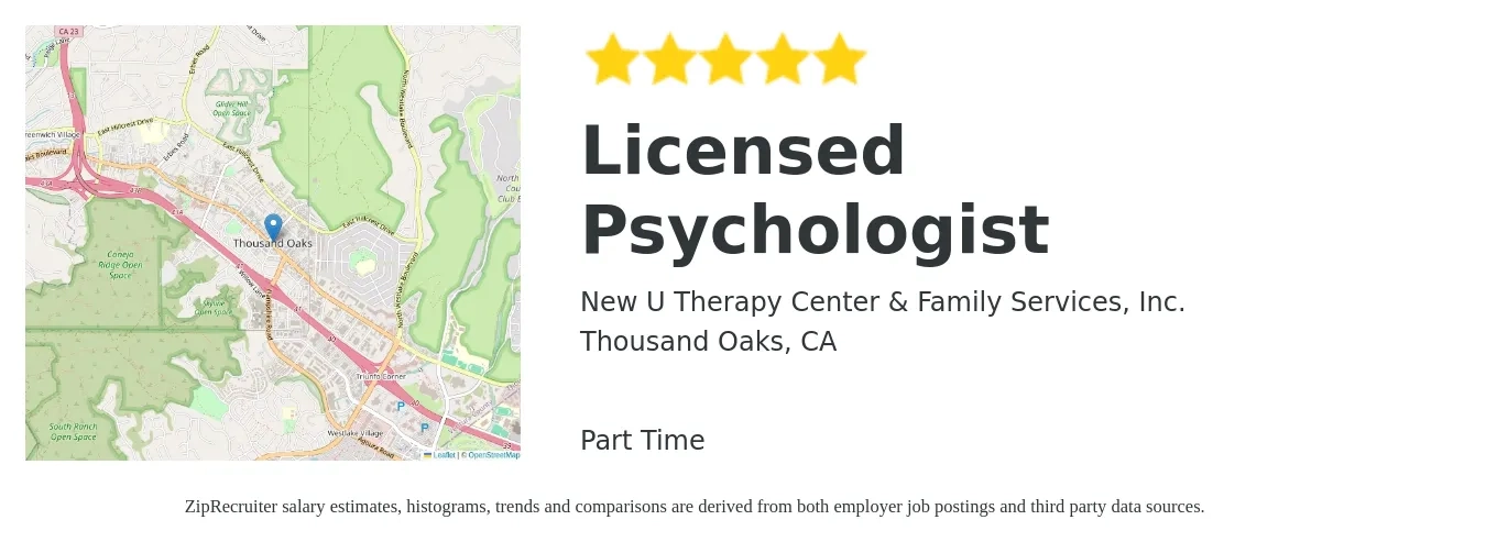New U Therapy Center & Family Services, Inc. job posting for a Licensed Psychologist in Thousand Oaks, CA with a salary of $60 to $85 Hourly with a map of Thousand Oaks location.