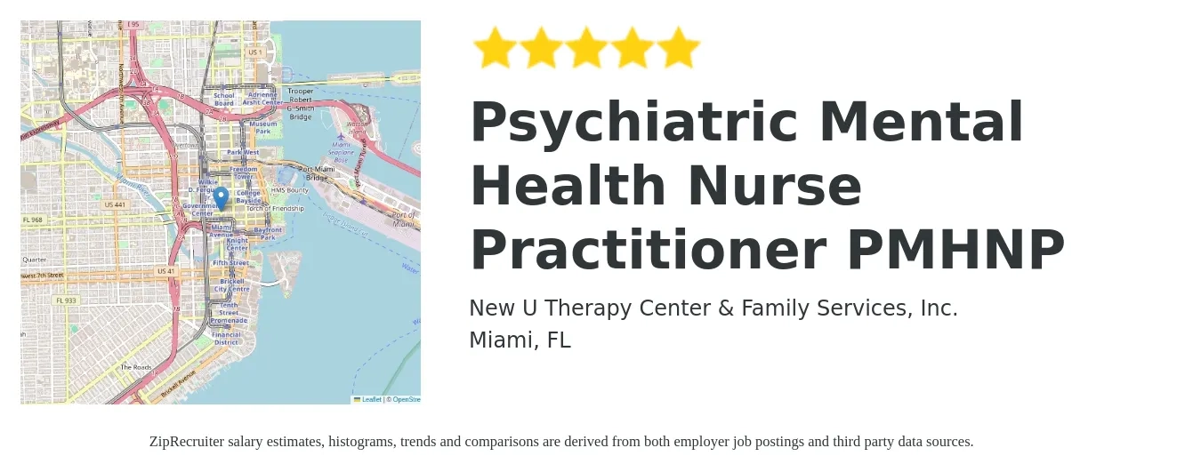 New U Therapy Center & Family Services, Inc. job posting for a Psychiatric Mental Health Nurse Practitioner PMHNP in Miami, FL with a salary of $65 to $68 Hourly with a map of Miami location.