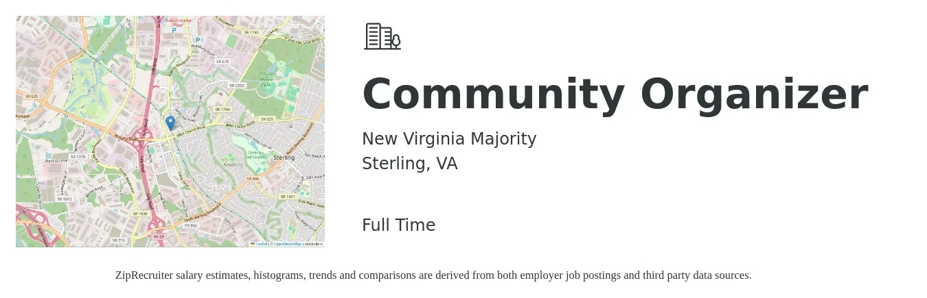 New Virginia Majority job posting for a Community Organizer in Sterling, VA with a salary of $45,000 to $48,000 Yearly with a map of Sterling location.