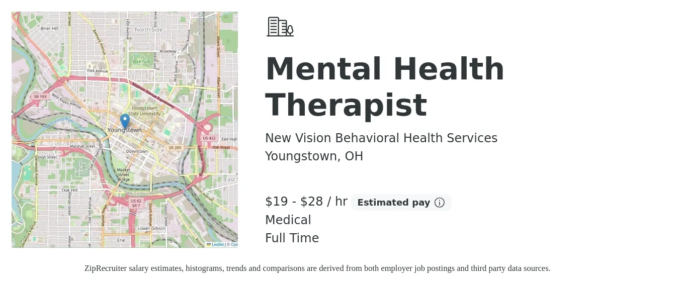 New Vision Behavioral Health Services job posting for a Mental Health Therapist in Youngstown, OH with a salary of $20 to $30 Hourly and benefits including medical with a map of Youngstown location.