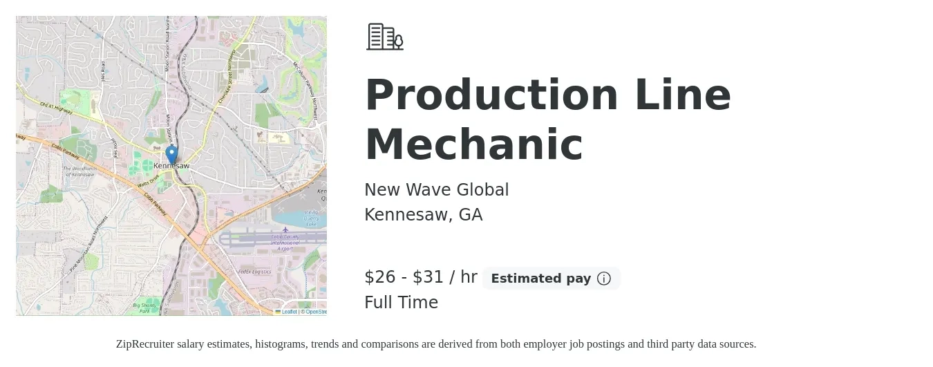 New Wave Global job posting for a Production Line Mechanic in Kennesaw, GA with a salary of $28 to $33 Hourly with a map of Kennesaw location.
