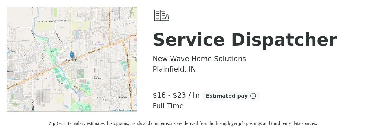 New Wave Home Solutions job posting for a Service Dispatcher in Plainfield, IN with a salary of $19 to $24 Hourly with a map of Plainfield location.