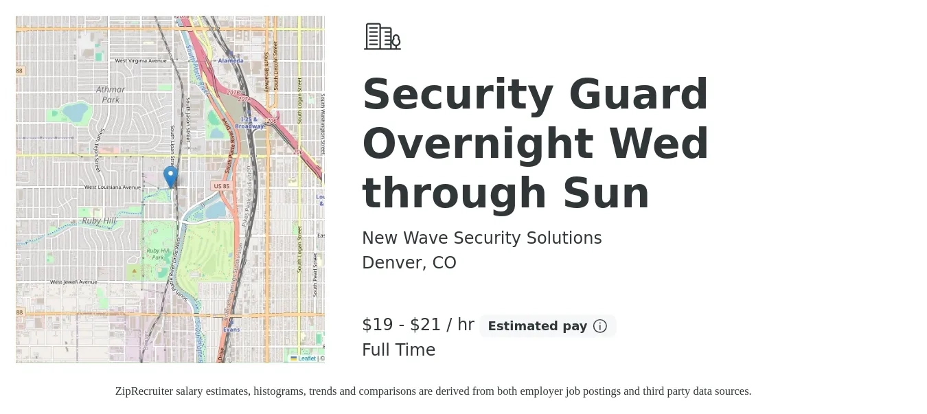 New Wave Security Solutions job posting for a Security Guard Overnight Wed through Sun in Denver, CO with a salary of $20 to $22 Hourly with a map of Denver location.