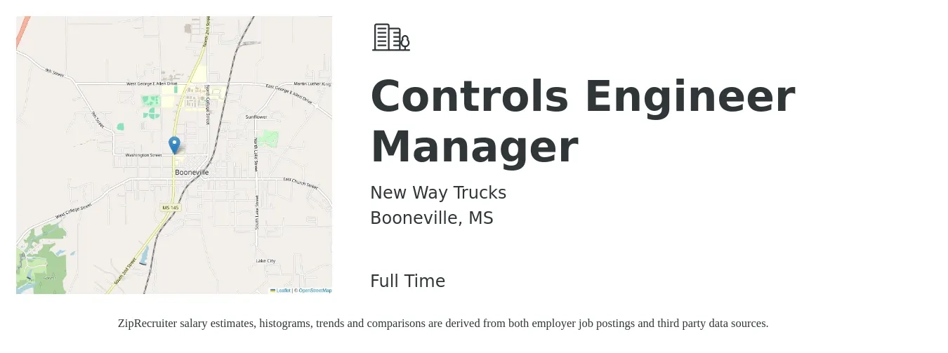 New Way Trucks job posting for a Controls Engineer Manager in Booneville, MS with a salary of $67,900 to $87,800 Yearly with a map of Booneville location.