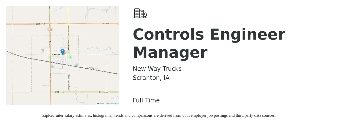 New Way Trucks job posting for a Controls Engineer Manager in Scranton, IA with a salary of $80,200 to $103,700 Yearly with a map of Scranton location.