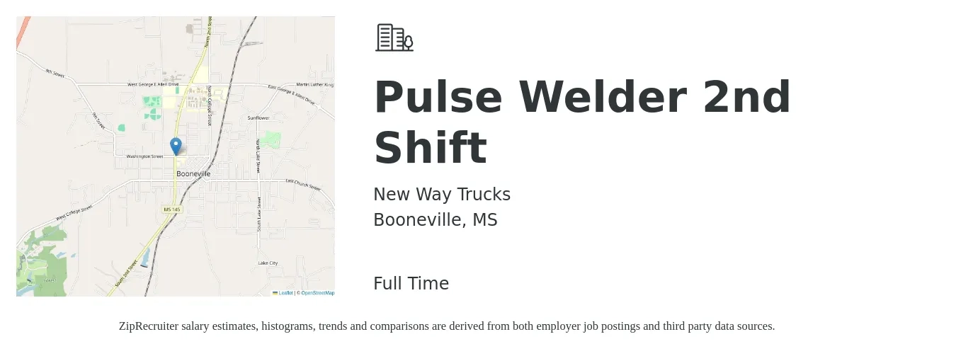 New Way Trucks job posting for a Pulse Welder 2nd Shift in Booneville, MS with a salary of $3 Hourly with a map of Booneville location.