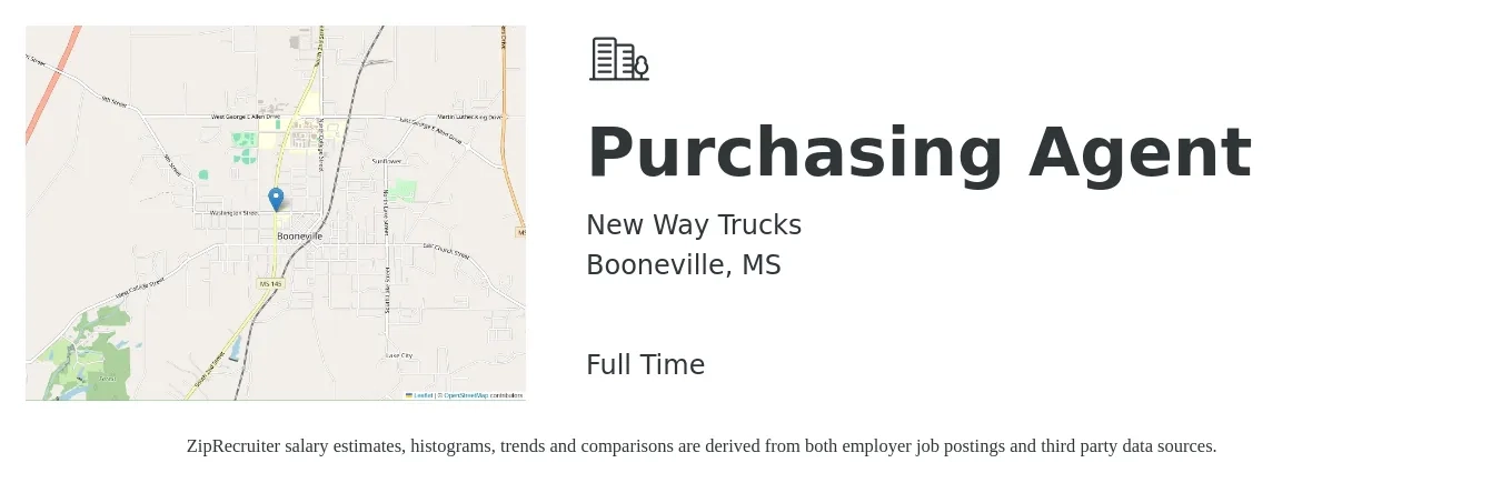 New Way Trucks job posting for a Purchasing Agent in Booneville, MS with a salary of $35,000 to $48,800 Yearly with a map of Booneville location.