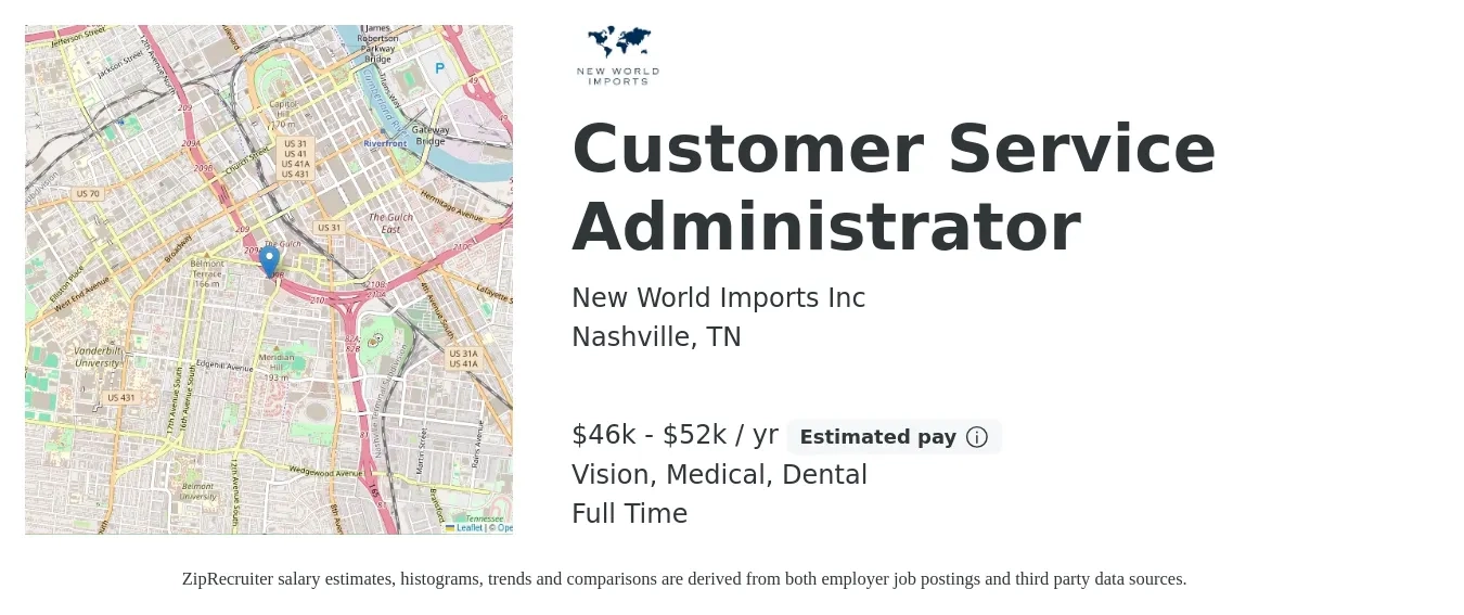 New World Imports Inc job posting for a Customer Service Administrator in Nashville, TN with a salary of $46,000 to $52,000 Yearly and benefits including vision, dental, life_insurance, medical, pto, and retirement with a map of Nashville location.