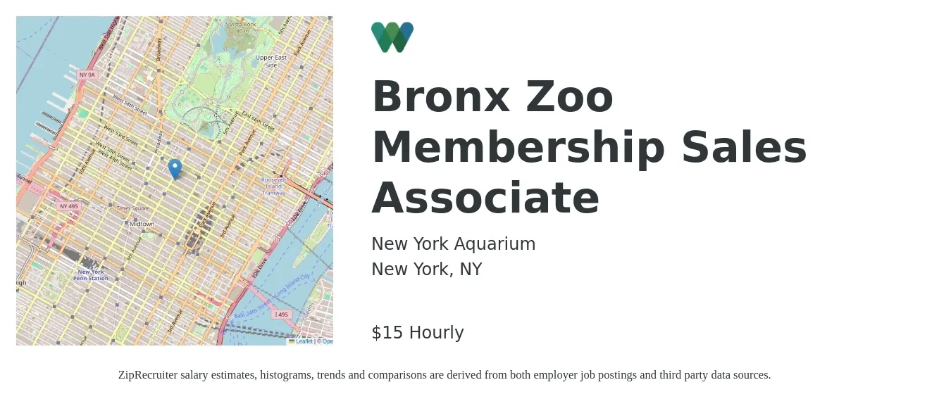 New York Aquarium job posting for a Bronx Zoo Membership Sales Associate in New York, NY with a salary of $16 Hourly with a map of New York location.