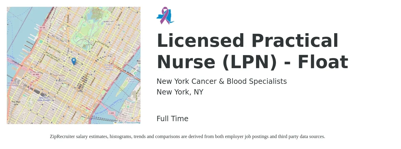 New York Cancer & Blood Specialists job posting for a Licensed Practical Nurse (LPN) - Float in New York, NY with a salary of $42 Hourly with a map of New York location.