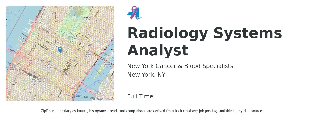 New York Cancer & Blood Specialists job posting for a Radiology Systems Analyst in New York, NY with a salary of $72,200 to $118,200 Yearly with a map of New York location.