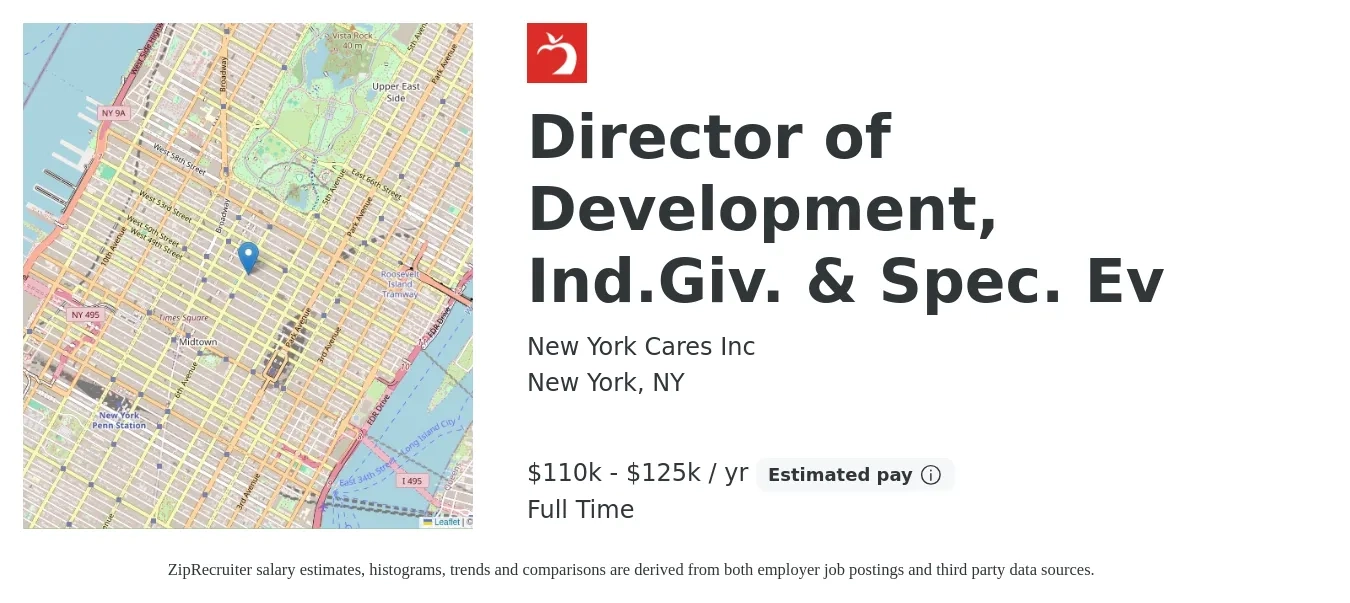 New York Cares Inc job posting for a Director of Development, Ind.Giv. & Spec. Ev in New York, NY with a salary of $110,000 to $125,000 Yearly with a map of New York location.