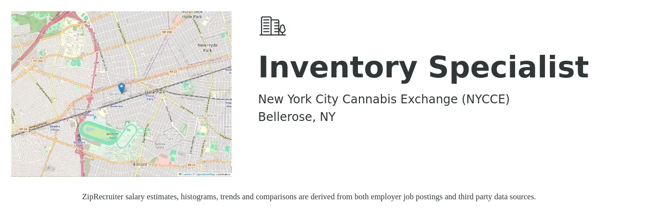 New York City Cannabis Exchange (NYCCE) job posting for a Inventory Specialist in Bellerose, NY with a salary of $19 to $24 Hourly with a map of Bellerose location.