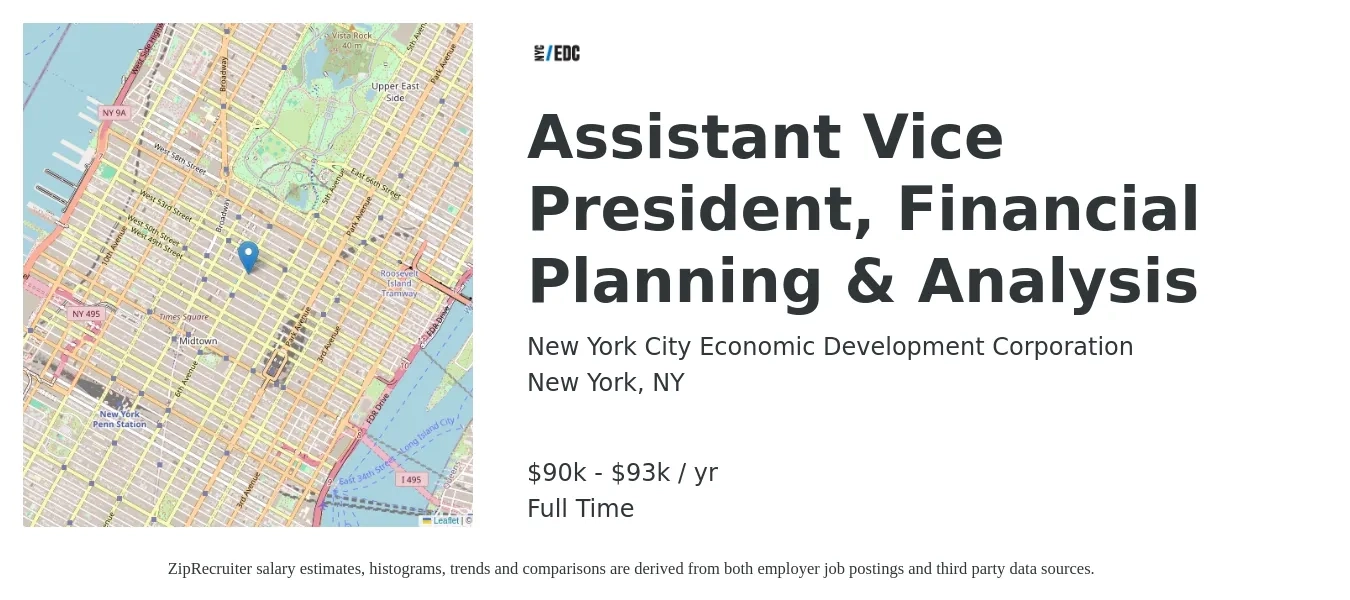 New York City Economic Development Corporation job posting for a Assistant Vice President, Financial Planning & Analysis in New York, NY with a salary of $90,000 to $93,000 Yearly with a map of New York location.