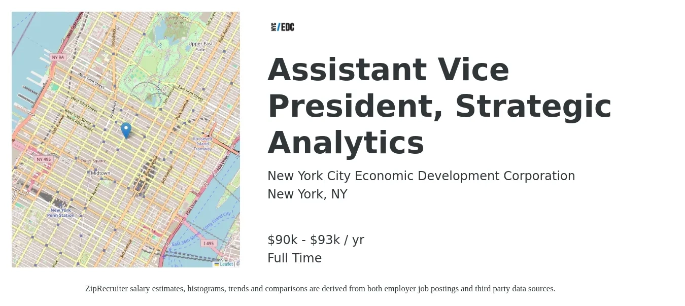 New York City Economic Development Corporation job posting for a Assistant Vice President, Strategic Analytics in New York, NY with a salary of $90,000 to $93,000 Yearly with a map of New York location.