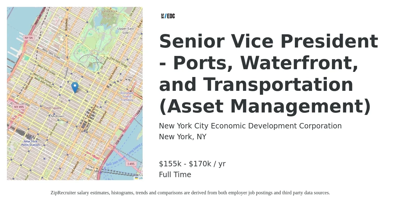 New York City Economic Development Corporation job posting for a Senior Vice President - Ports, Waterfront, and Transportation (Asset Management) in New York, NY with a salary of $155,000 to $170,000 Yearly with a map of New York location.