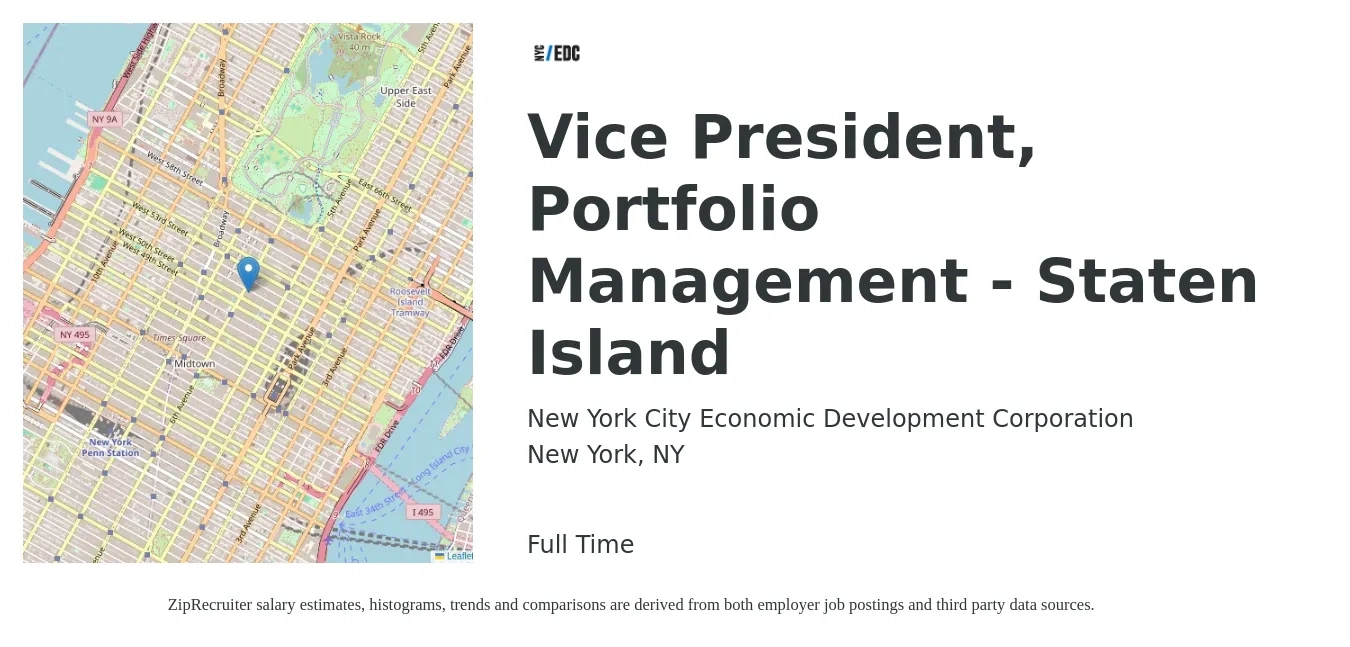 New York City Economic Development Corporation job posting for a Vice President, Portfolio Management - Staten Island in New York, NY with a salary of $126,400 to $202,400 Yearly with a map of New York location.