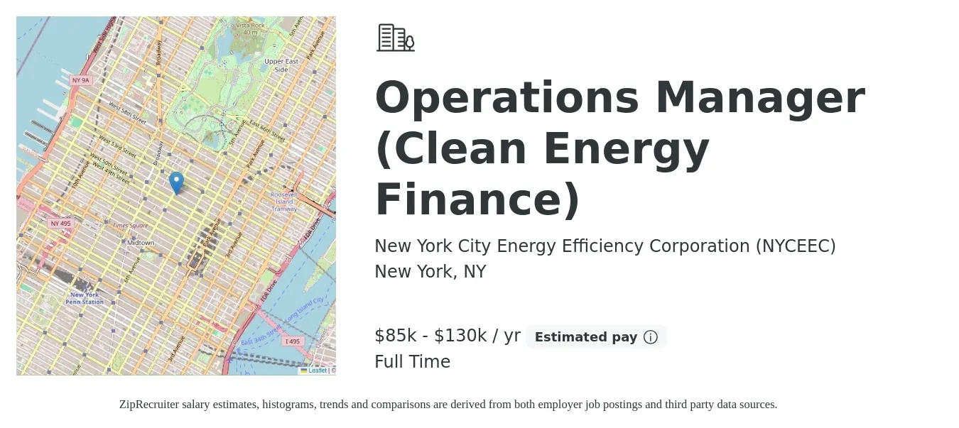 New York City Energy Efficiency Corporation (NYCEEC) job posting for a Operations Manager (Clean Energy Finance) in New York, NY with a salary of $85,000 to $130,000 Yearly with a map of New York location.