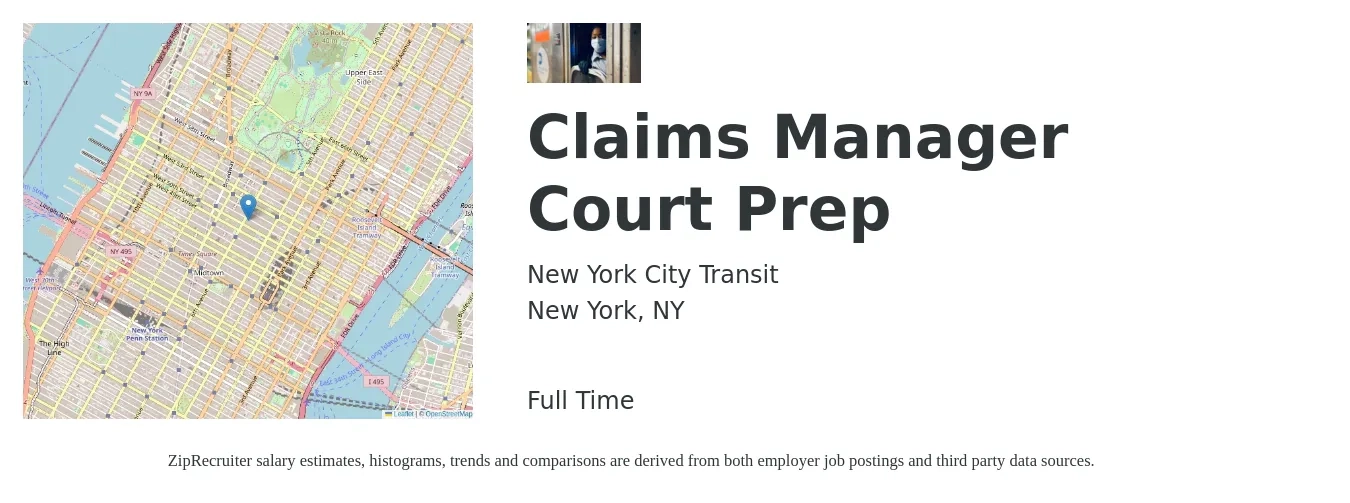 New York City Transit job posting for a Claims Manager Court Prep in New York, NY with a salary of $87,951 to $139,020 Yearly with a map of New York location.