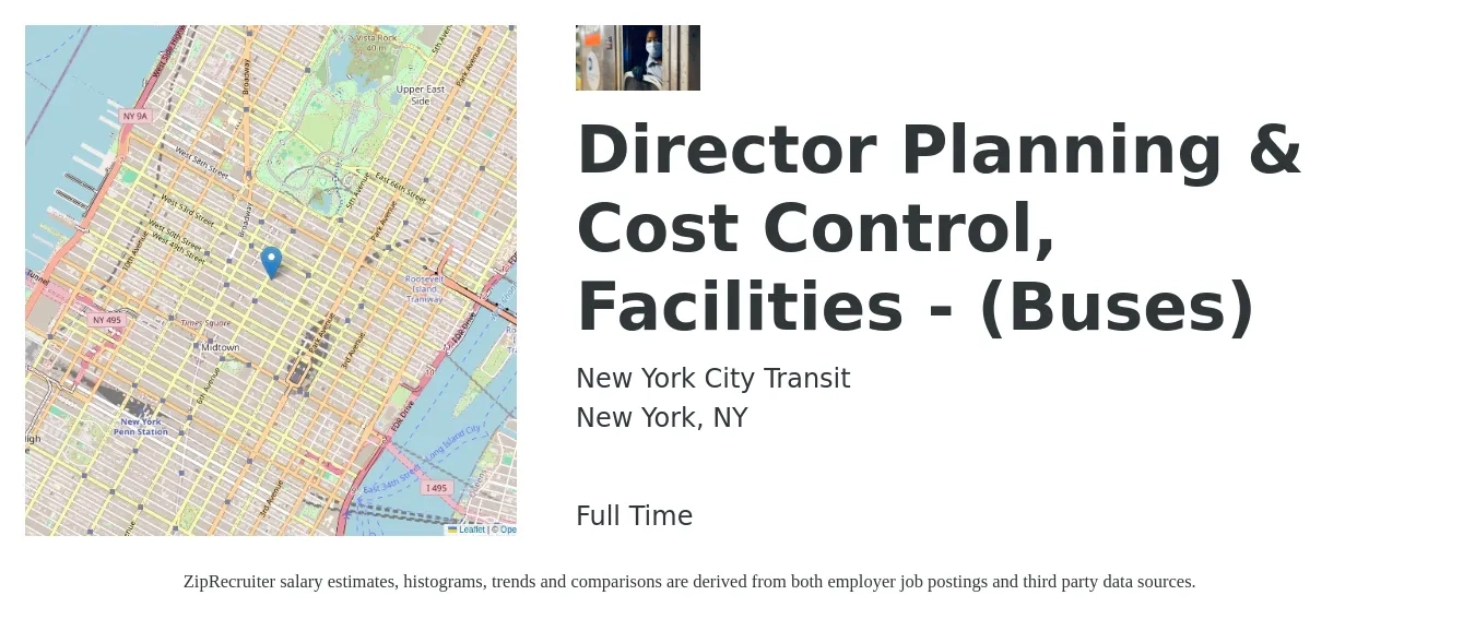 New York City Transit job posting for a Director Planning & Cost Control, Facilities - (Buses) in New York, NY with a salary of $87,951 to $124,834 Yearly with a map of New York location.