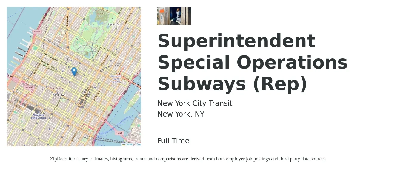 New York City Transit job posting for a Superintendent Special Operations Subways (Rep) in New York, NY with a salary of $81,780 to $116,074 Yearly with a map of New York location.