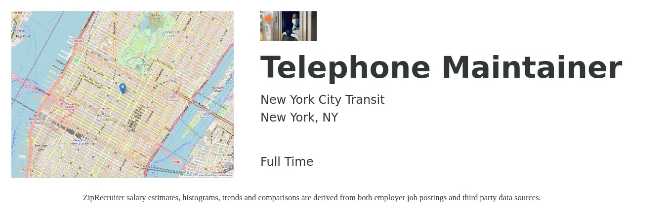 New York City Transit job posting for a Telephone Maintainer in New York, NY with a salary of $41 Hourly with a map of New York location.