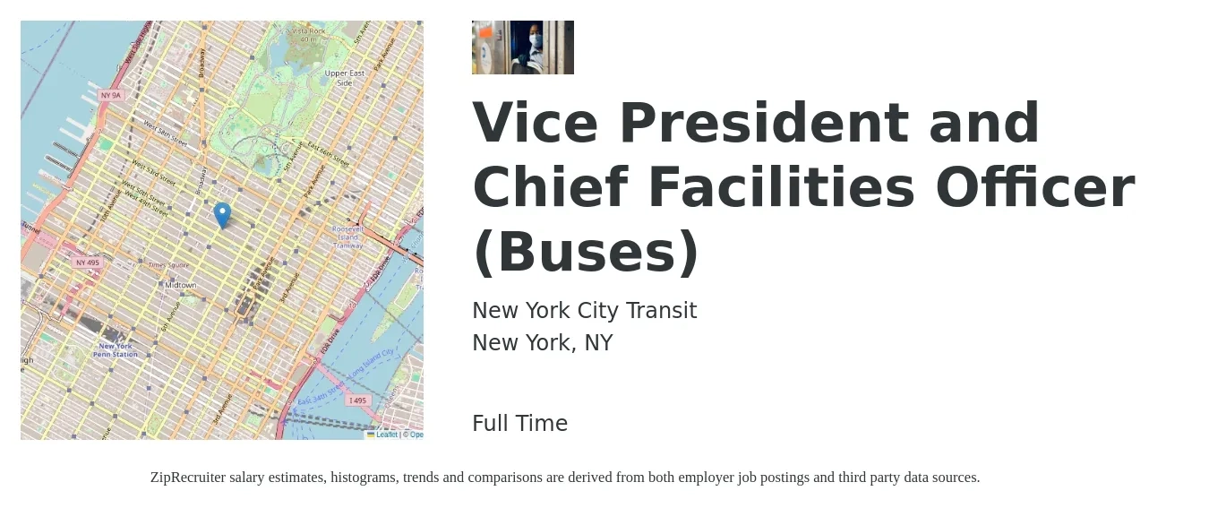 New York City Transit job posting for a Vice President and Chief Facilities Officer (Buses) in New York, NY with a salary of $168,060 to $238,537 Yearly with a map of New York location.