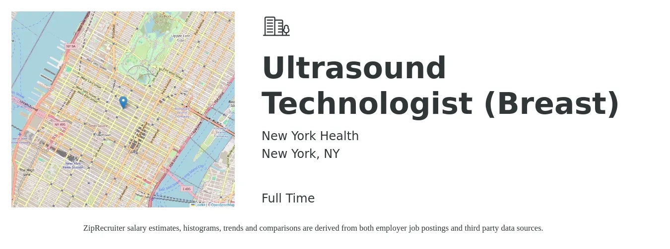 New York Health job posting for a Ultrasound Technologist (Breast) in New York, NY with a salary of $55 Hourly with a map of New York location.