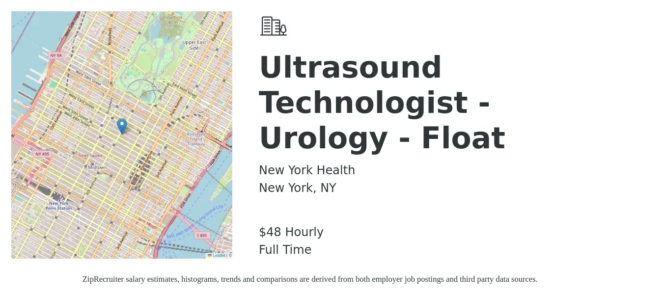 New York Health job posting for a Ultrasound Technologist - Urology - Float in New York, NY with a salary of $50 Hourly with a map of New York location.