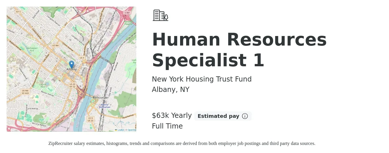 New York Housing Trust Fund job posting for a Human Resources Specialist 1 in Albany, NY with a salary of $63,266 Yearly with a map of Albany location.