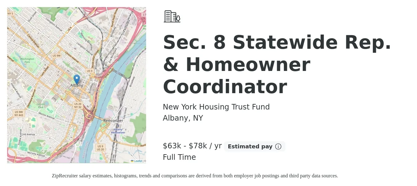 New York Housing Trust Fund job posting for a Sec. 8 Statewide Rep. & Homeowner Coordinator in Albany, NY with a salary of $63,266 to $78,505 Yearly with a map of Albany location.