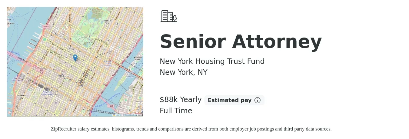 New York Housing Trust Fund job posting for a Senior Attorney in New York, NY with a salary of $88,283 Yearly with a map of New York location.