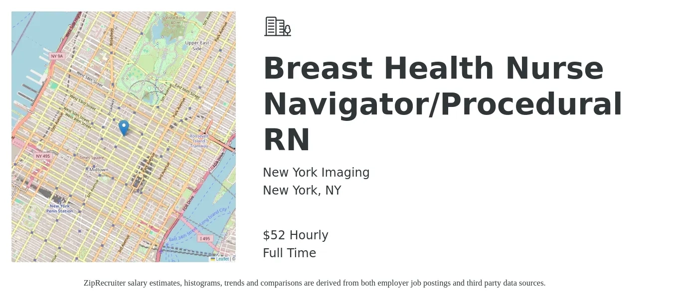 New York Imaging job posting for a Breast Health Nurse Navigator/Procedural RN in New York, NY with a salary of $55 Hourly with a map of New York location.