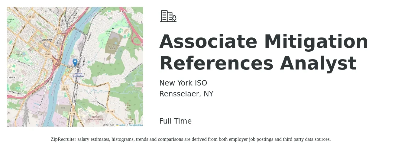 New York ISO job posting for a Associate Mitigation References Analyst in Rensselaer, NY with a salary of $55,600 to $80,900 Yearly with a map of Rensselaer location.
