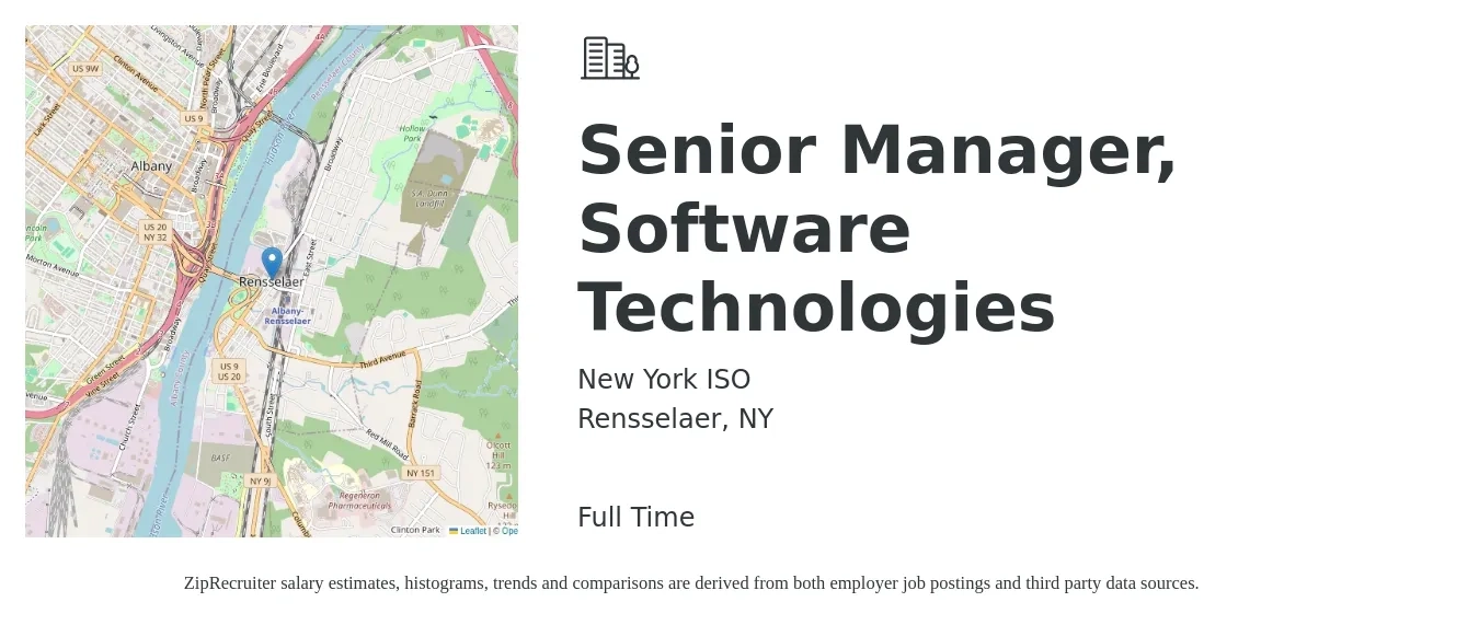 New York ISO job posting for a Senior Manager, Software Technologies in Rensselaer, NY with a salary of $100,800 to $147,900 Yearly with a map of Rensselaer location.