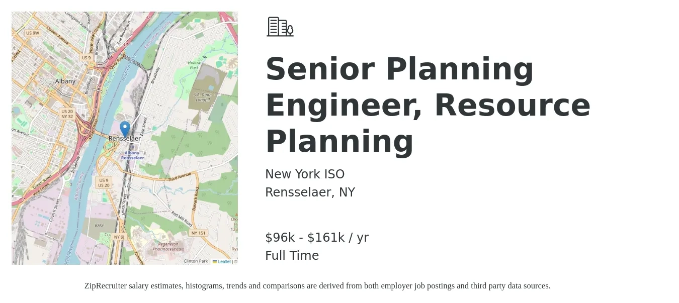 New York ISO job posting for a Senior Planning Engineer, Resource Planning in Rensselaer, NY with a salary of $96,700 to $161,300 Yearly with a map of Rensselaer location.