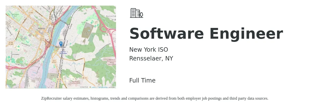 New York ISO job posting for a Software Engineer in Rensselaer, NY with a salary of $119,100 to $171,800 Yearly with a map of Rensselaer location.