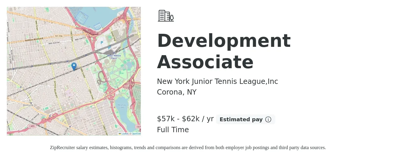 New York Junior Tennis League,Inc job posting for a Development Associate in Corona, NY with a salary of $57,000 to $62,000 Yearly with a map of Corona location.