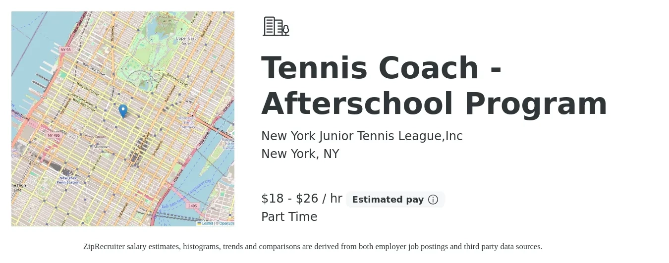 New York Junior Tennis League,Inc job posting for a Tennis Coach - Afterschool Program in New York, NY with a salary of $19 to $27 Hourly with a map of New York location.