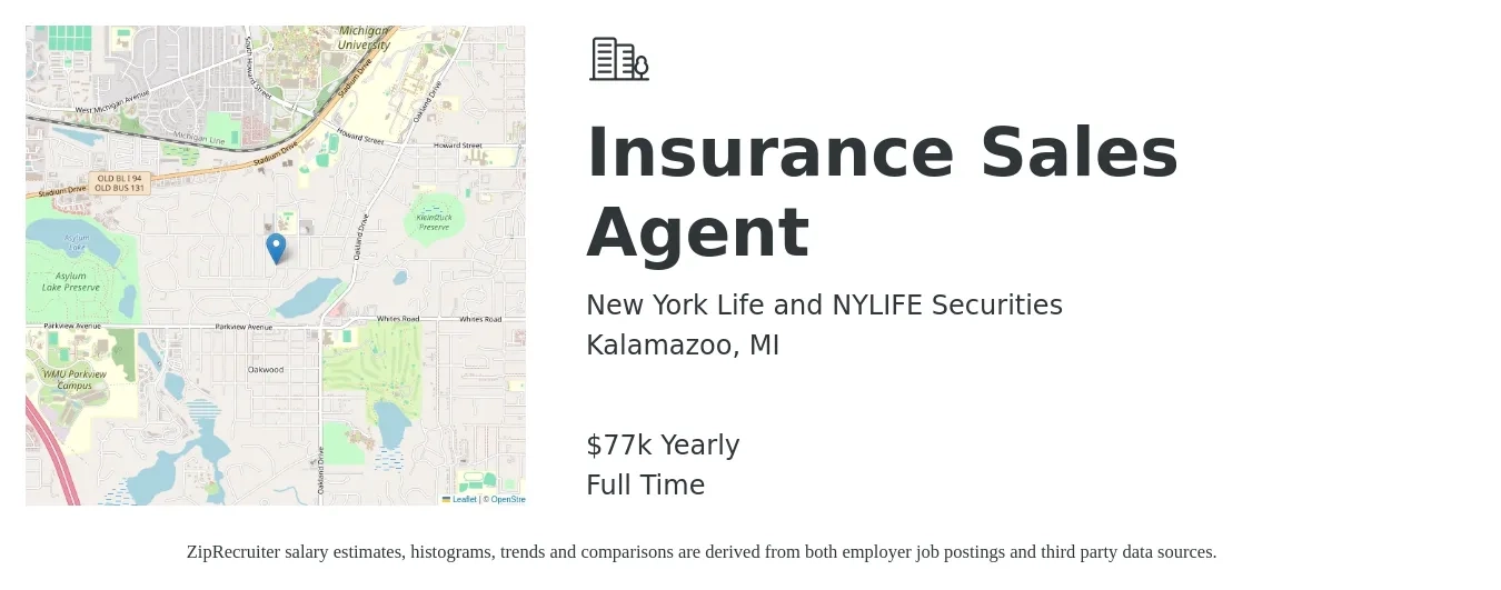 New York Life and NYLIFE Securities job posting for a Insurance Sales Agent in Kalamazoo, MI with a salary of $77,000 Yearly with a map of Kalamazoo location.